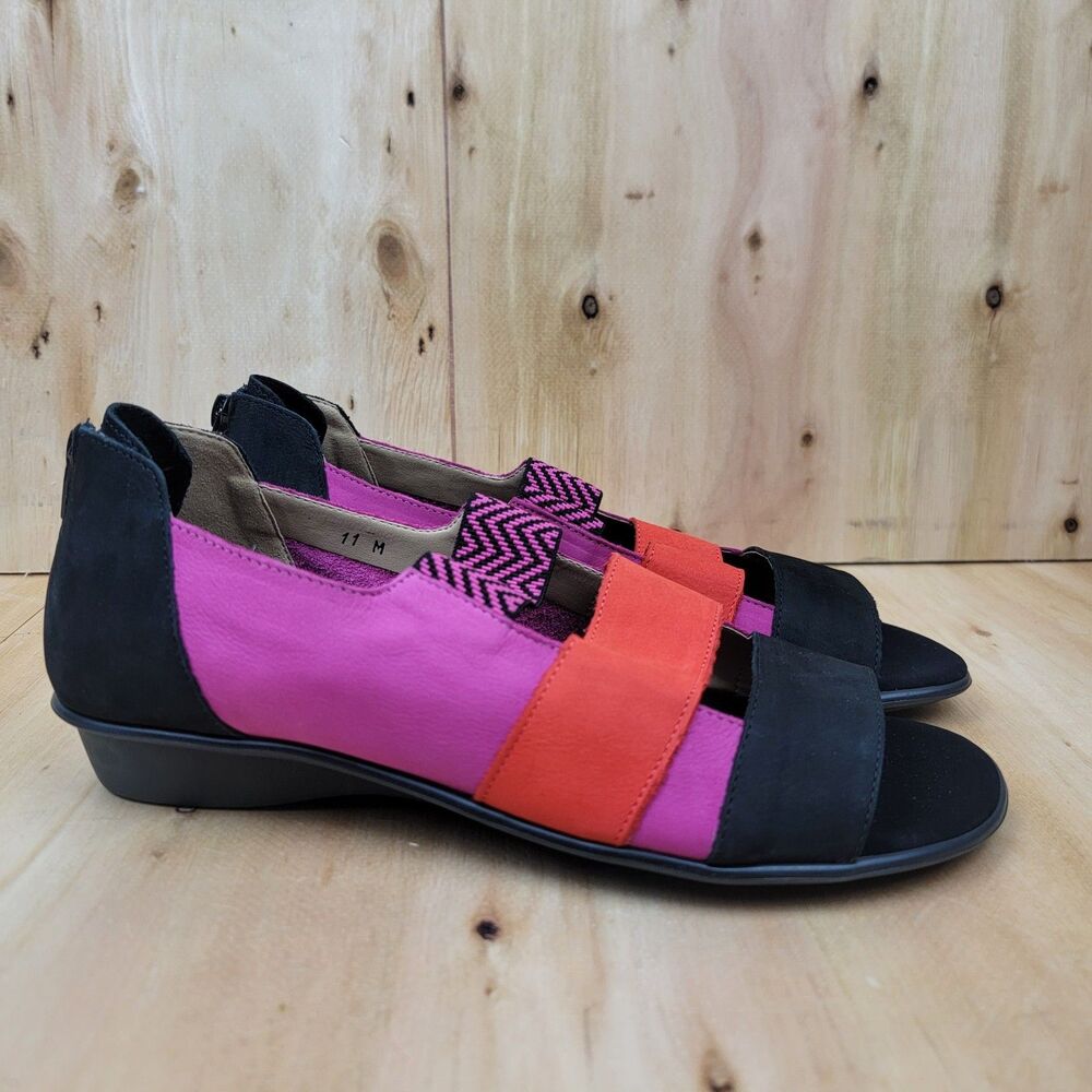 Sesto Meucci Shoes Womens 11 M Elise Peep Toe Flats Slip On Multicolor Back Zip
